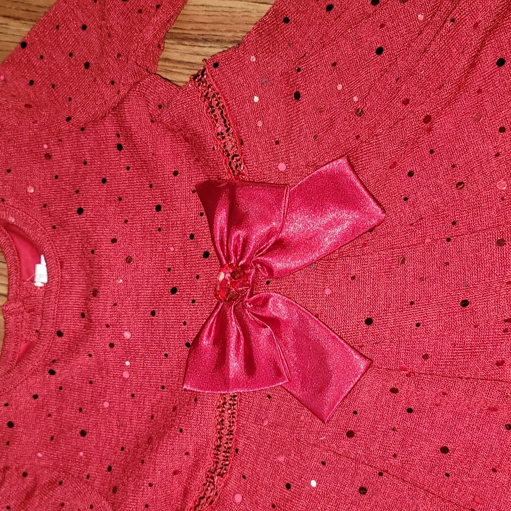 Dress New Holiday S 5T Red 3/4 sleeve red Sparkle w/ 3 button tie back. Holiday - Picture 3 of 10